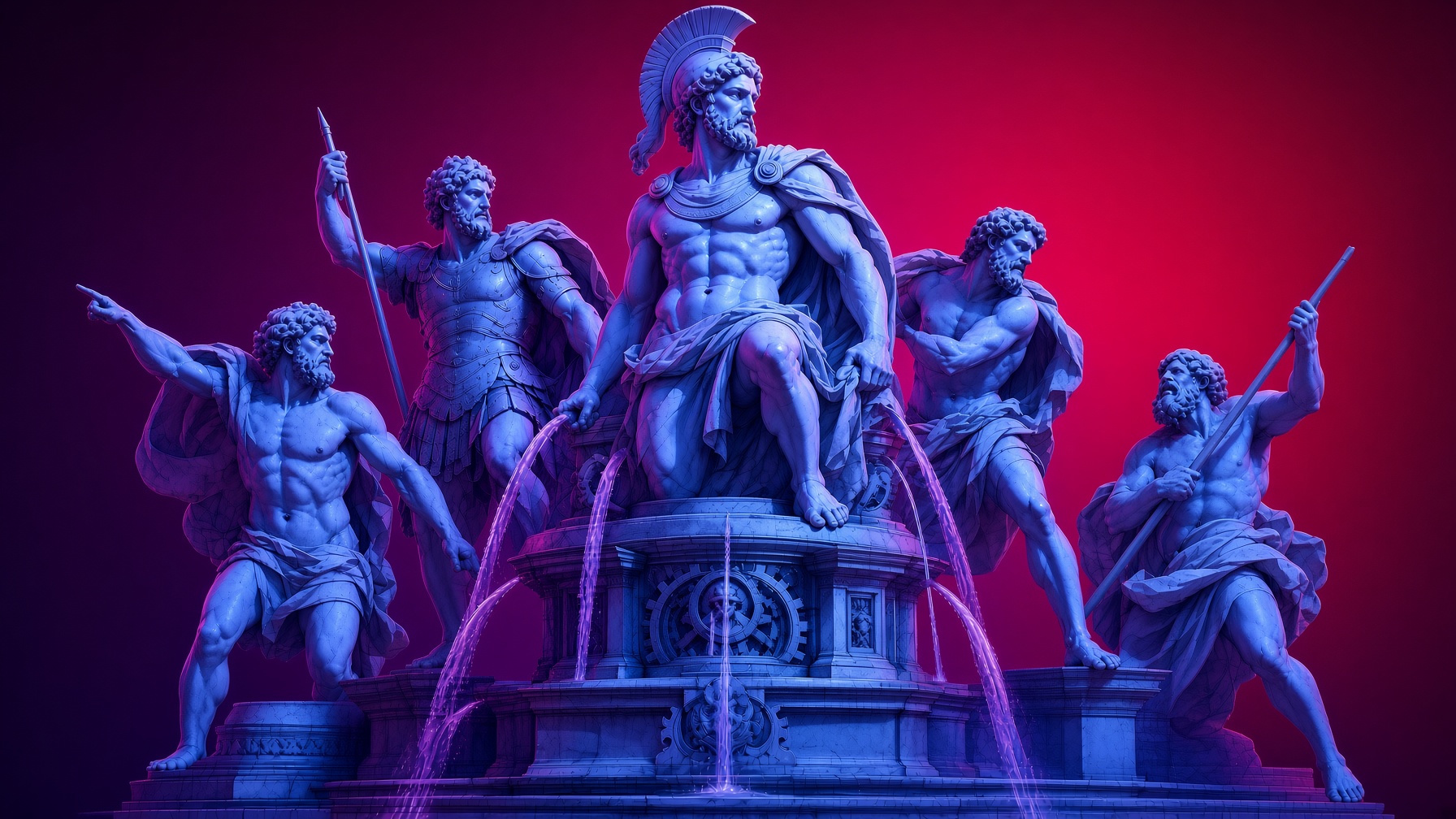 Fuente escultórica con varias figuras clásicas alrededor de una figura central