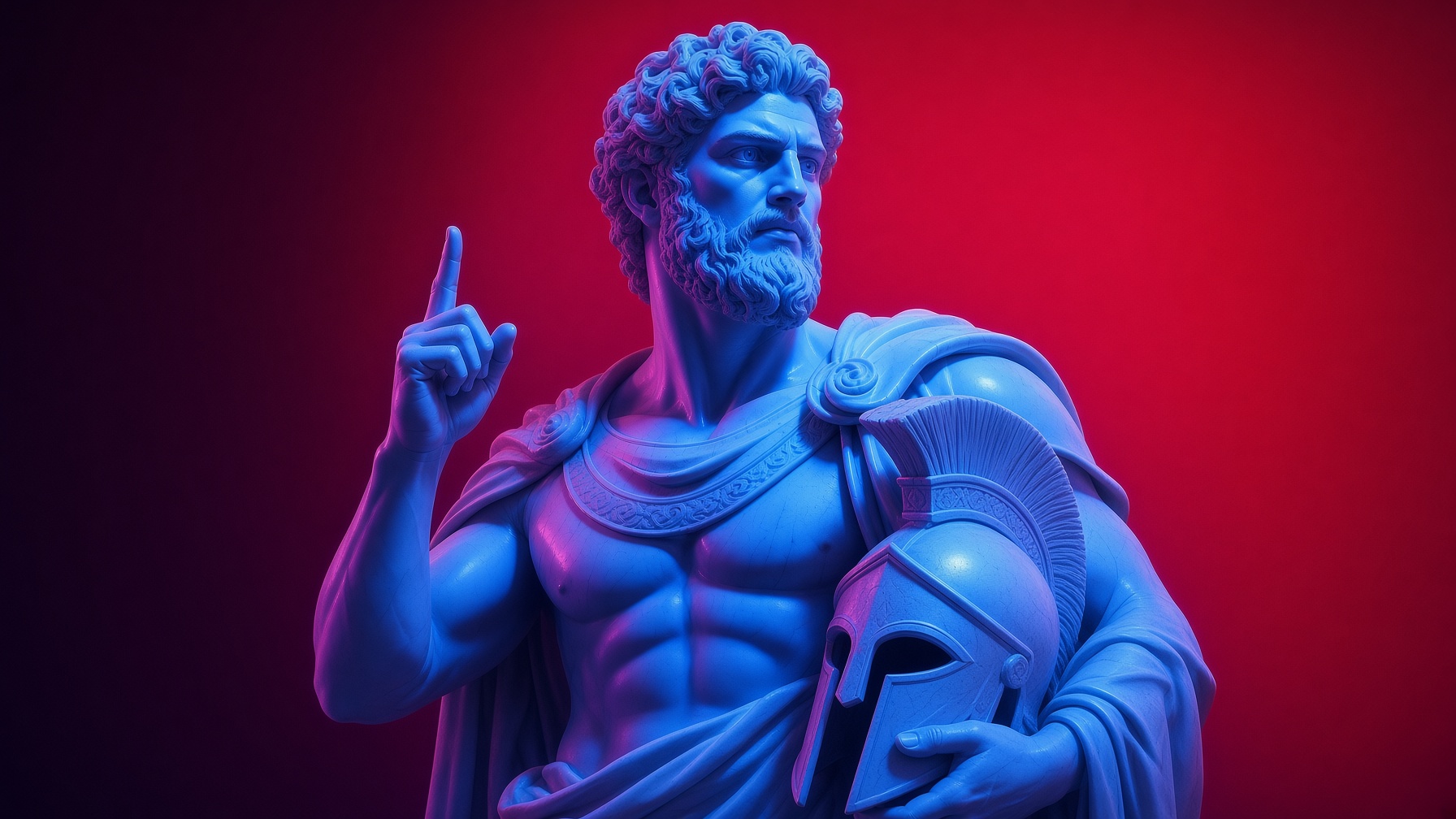 Escultura clásica señalando hacia arriba, en luz azul sobre rojo
