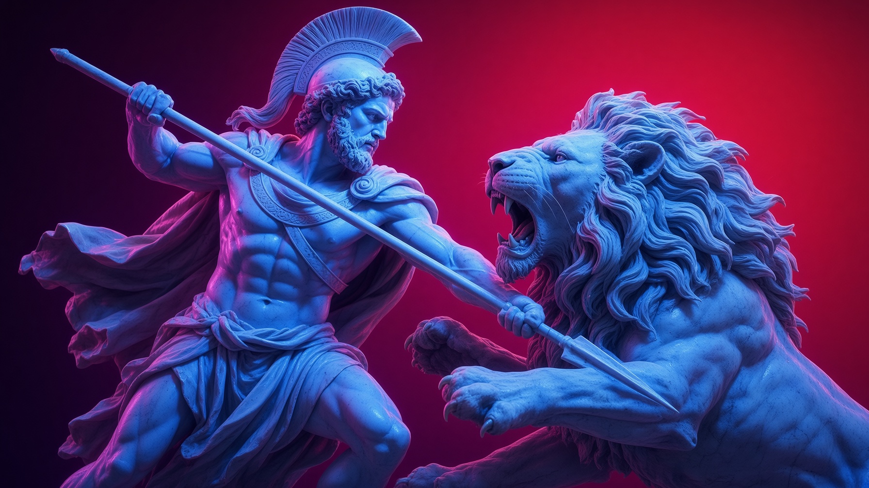 Escultura de Aquiles enfrentando a un león