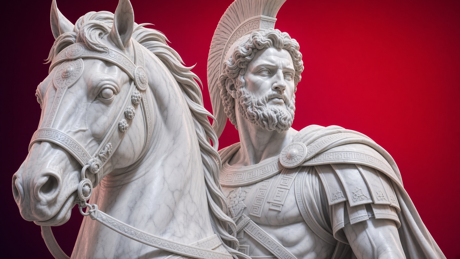 Escultura de mármol blanco de Aquiles junto a su caballo