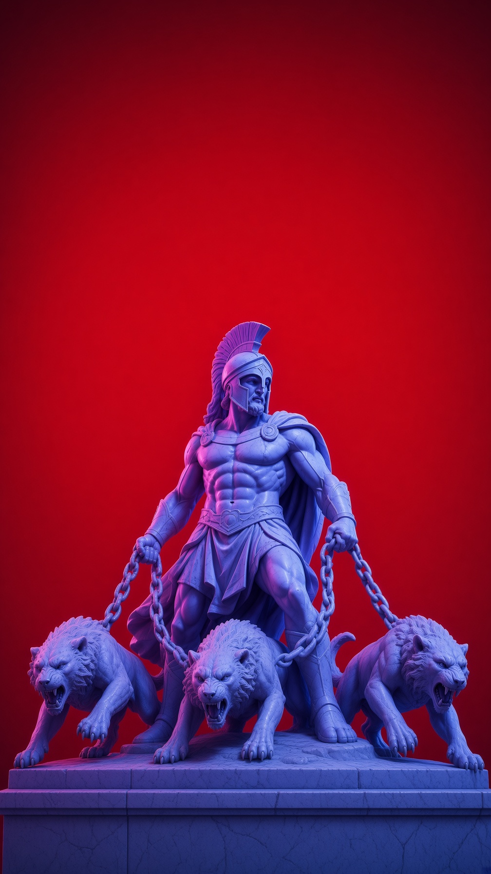 Escultura de guerrero sujetando tres leones con cadenas sobre fondo rojo
