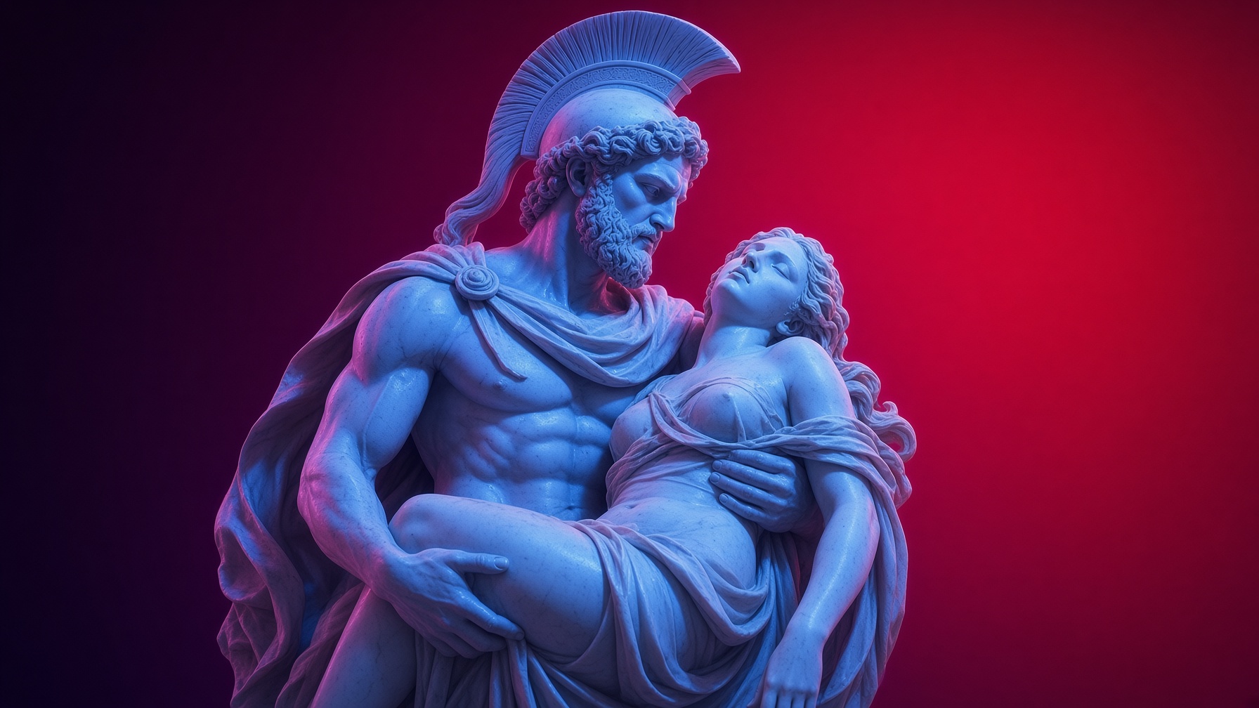 Escultura de guerrero sosteniendo a una figura inerte, en luz azul y roja