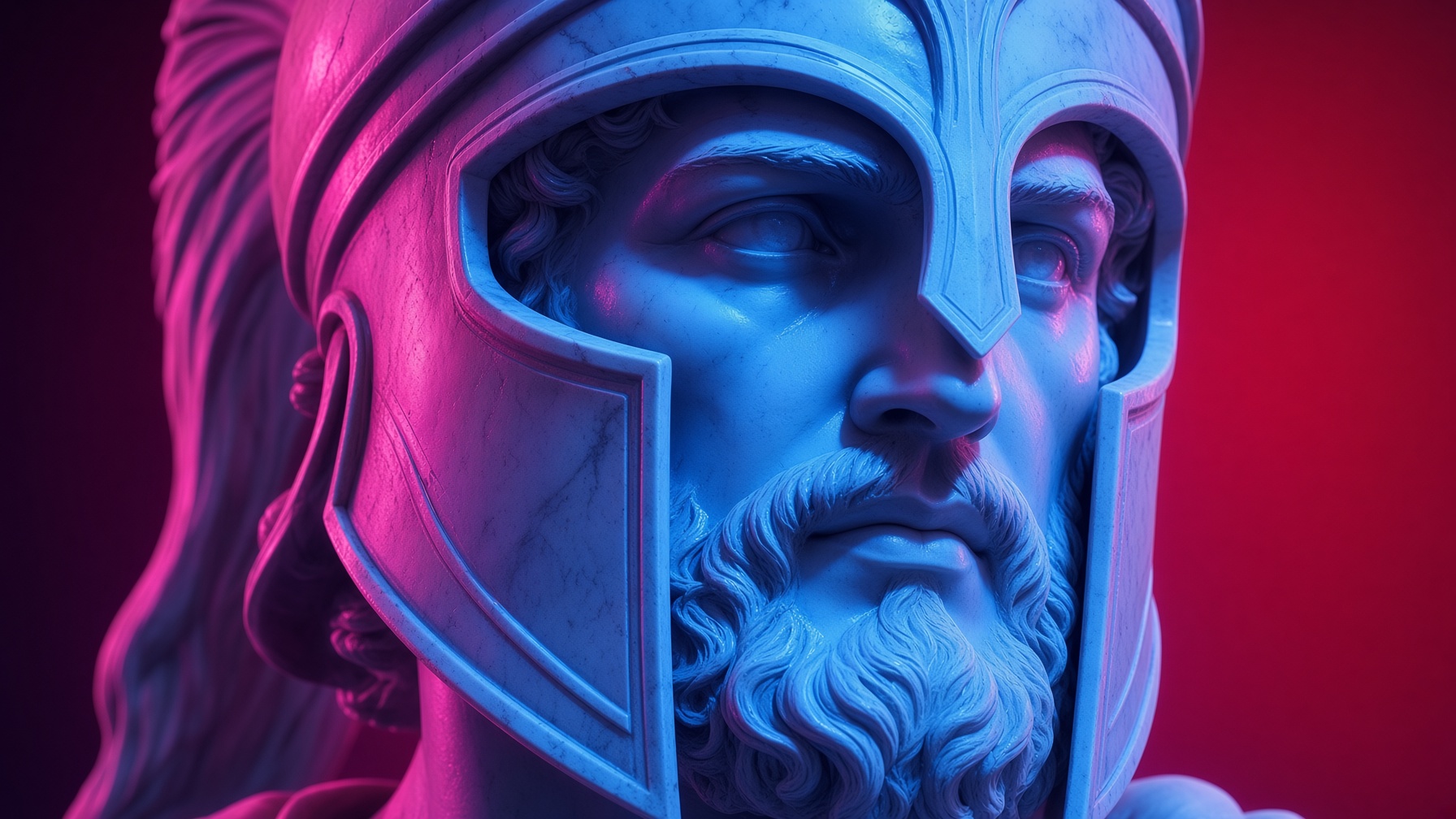 Rostro de escultura de guerrero con casco corintio en luz azul y magenta