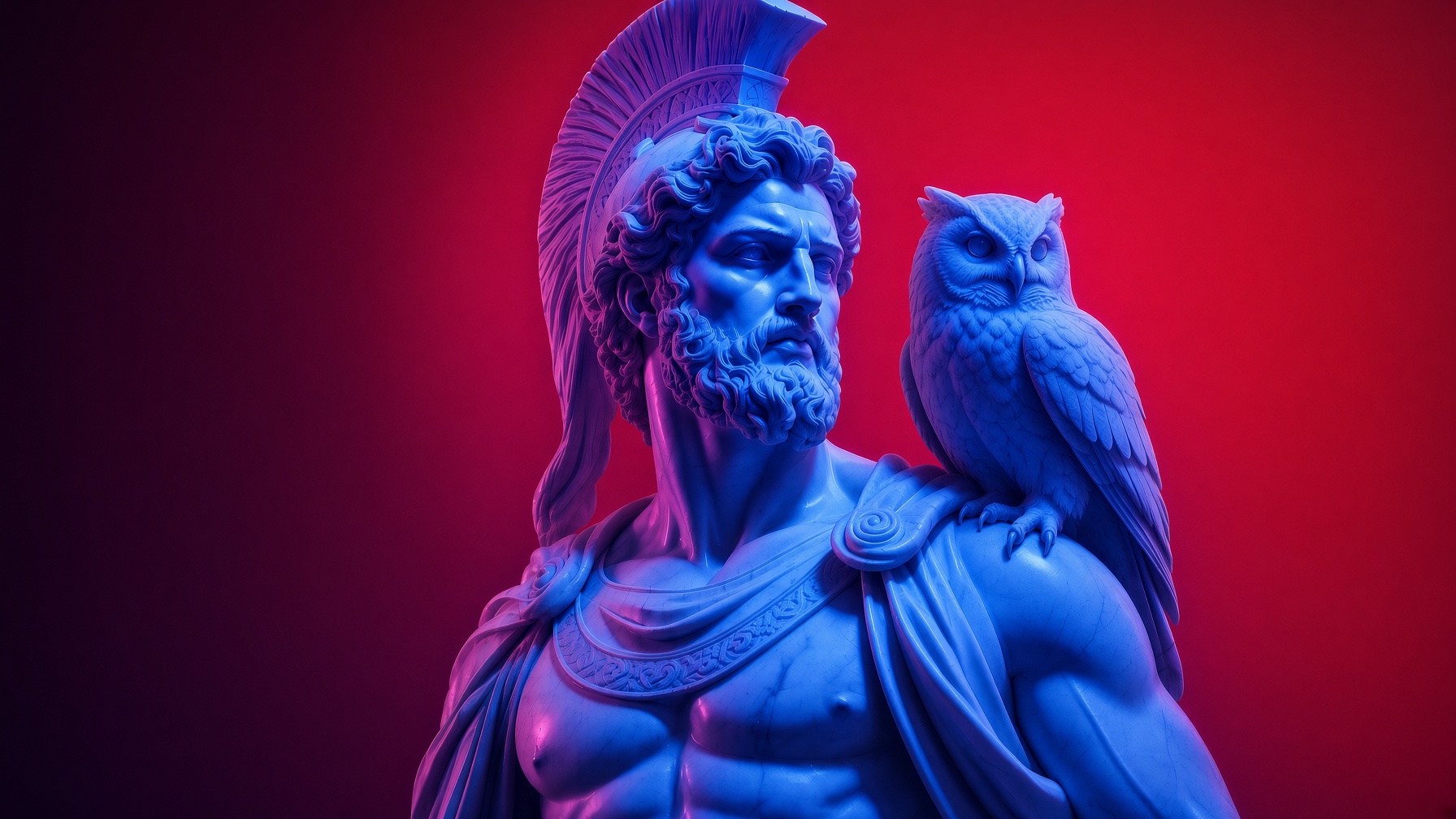 Escultura de guerrero sosteniendo a una figura inerte, en luz azul y roja